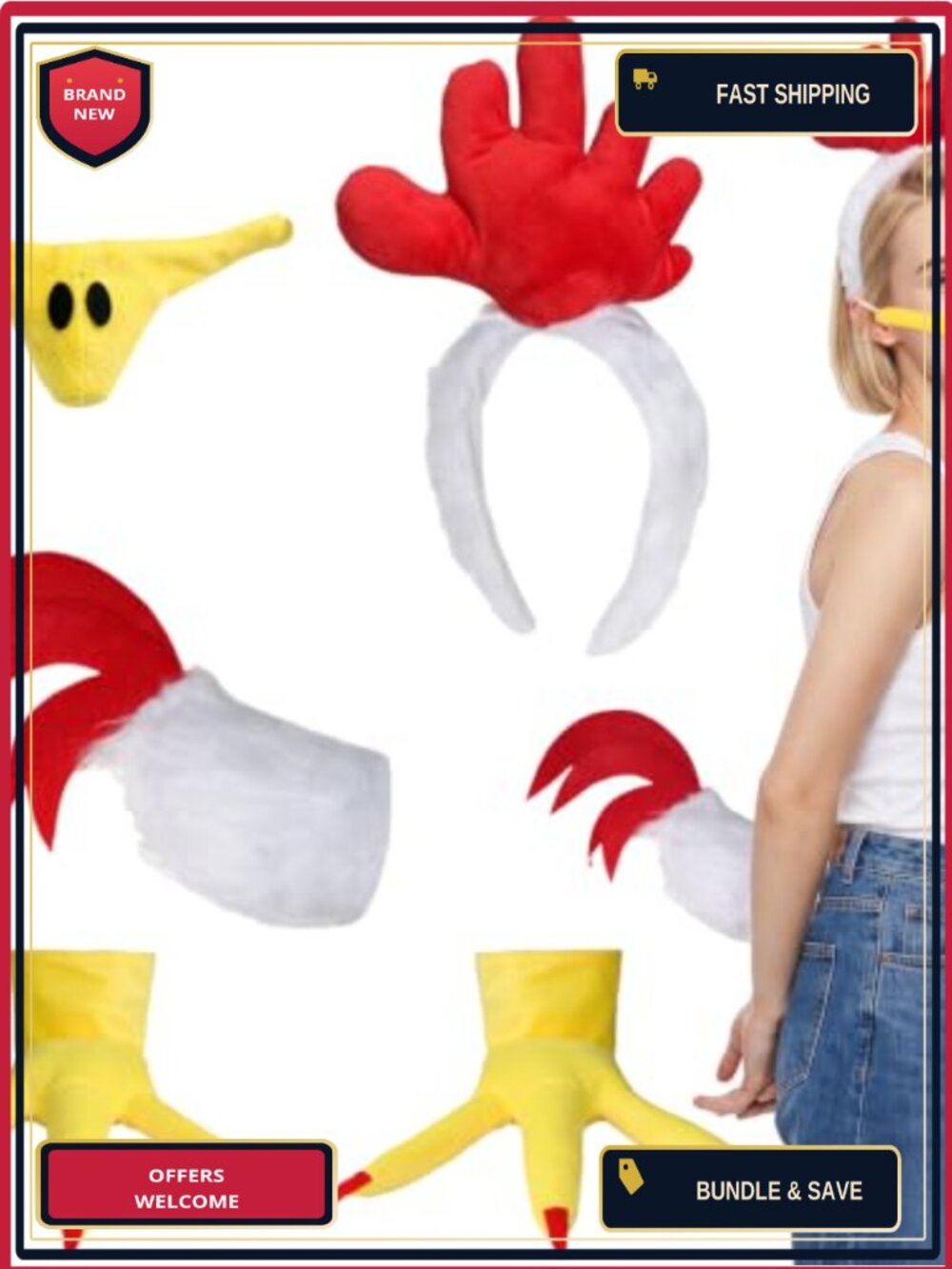 Rooster Costume Accessory Set Plush Headband Tail Gloves Adult Cosplay